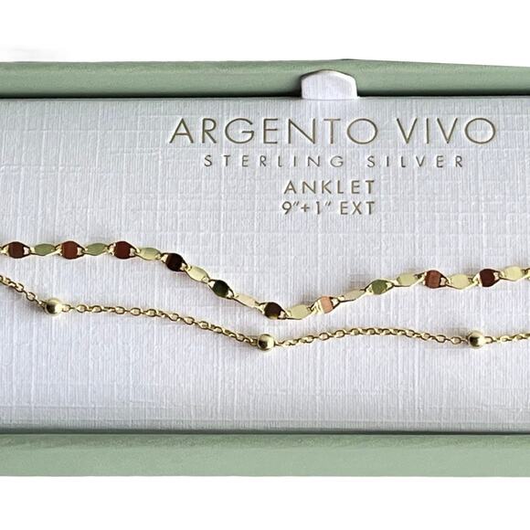 NEW Argento Vivo Sterling Silver Gold ANKLE BRACELET 9" +1" Double Strand Anklet - Picture 2 of 7